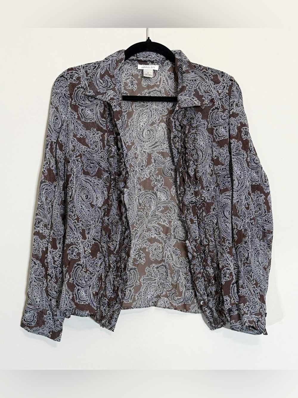 Harold’s 100% Silk Paisley Ruffle Blouse Brown Black Size 12